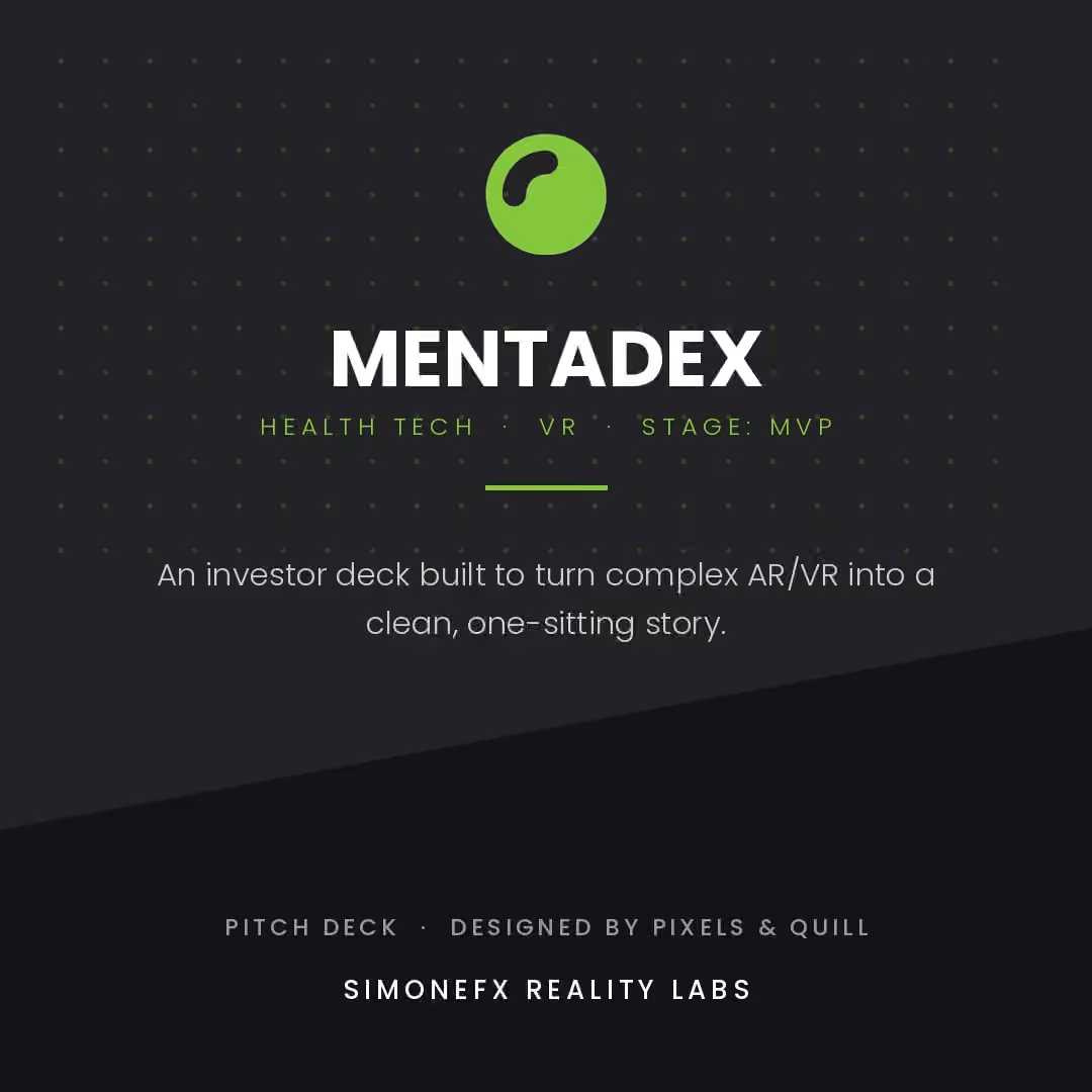 MentaDex investor-deck cover designed by Pixels & Quill for SimoneFX Reality Labs